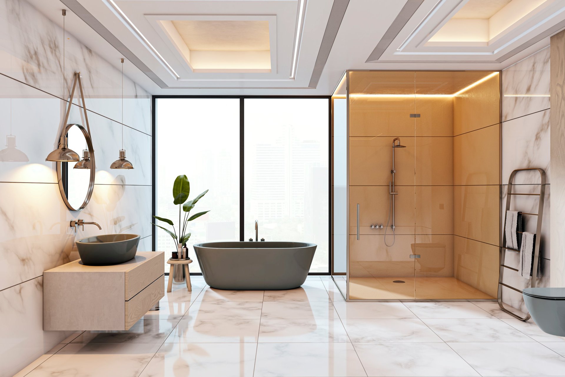Luxurious modern bathroom with marble walls and floor, freestanding tub, glass partition shower, and city view background
