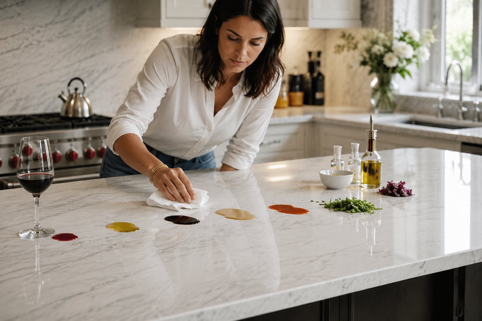 Woman arranging herb and spice samples on a white marble kitchen island counter with wine and cooking ingredients nearby
